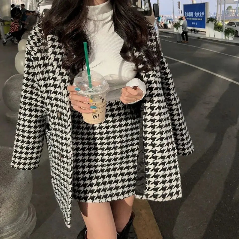 Autumn Winter Plaid Woolen Ladies 2 Piece Set Long Sleeve Suit Coat And High Waist A-line Mini Skirt Outfit