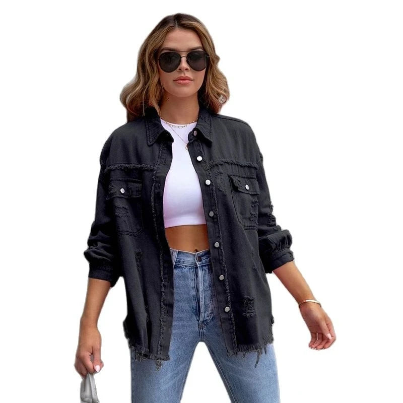 Raw-edged Denim Jacket Shirt Style Denim Casual Outerwear.   S-2x