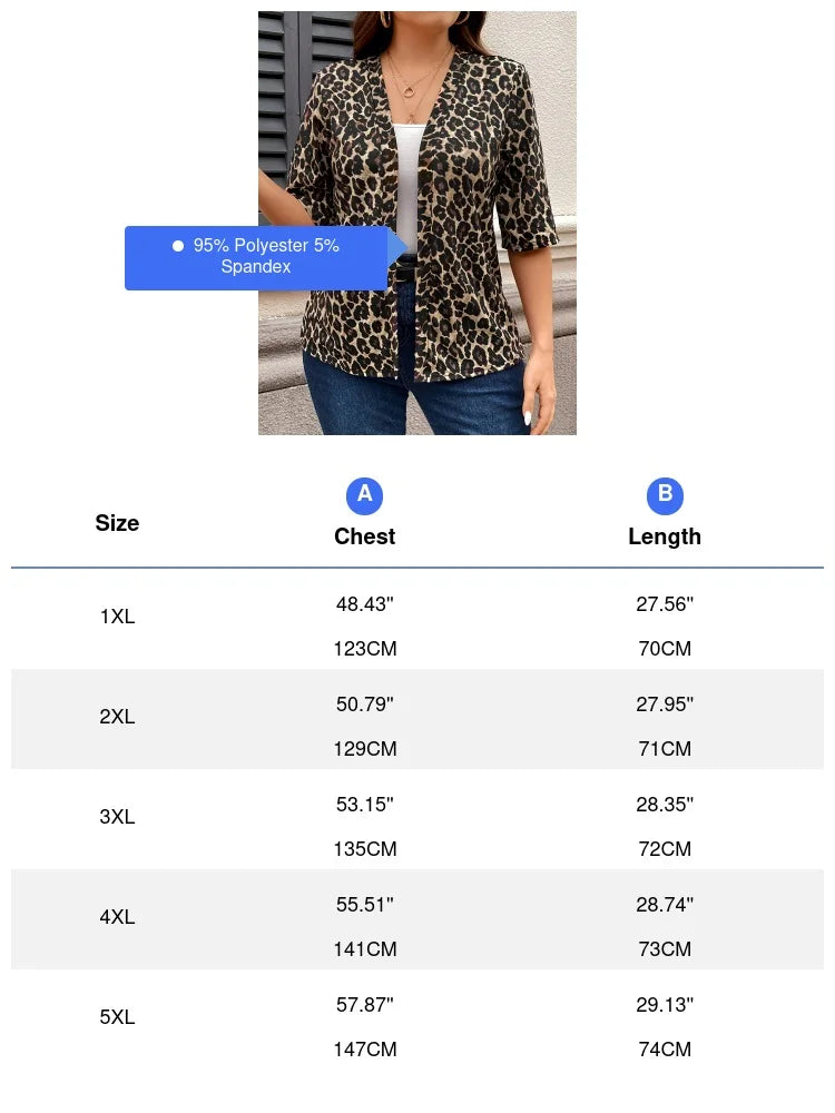 Plus Size Leopard Print Open Front 3/4 Sleeve Elegant Top All Season Wear