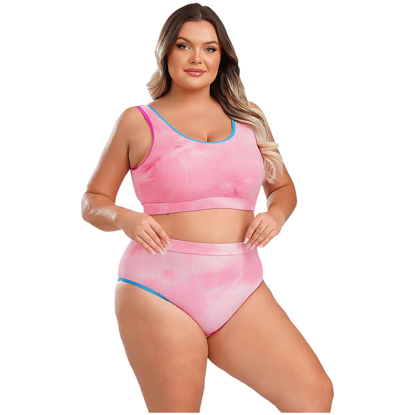 Womens Plus Size Sporty Swimsuit Two Pieces U Neck High Waisted Tankini Set Color Contrast Beach Swimming Bathing Suit Swimwear