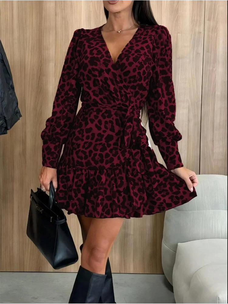 Women's Leopard Print V-Neck Long Sleeved Sexy Elegant Mini Dress.  S-xxL