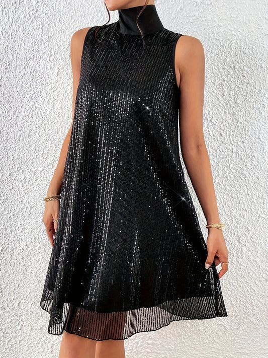 Plus size Women's elegant sequin mid-length high neck, sleeveless A-line flare dress perfect for all functions