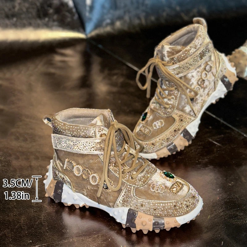 Women Casual Sneakers Luxury Designer Boots Rhinestone Suede High-Top Thick Bottom Shoes Female Tennis Outdoors Walking Shoes