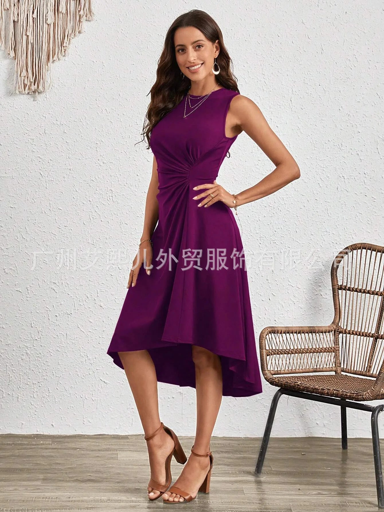 Women's Elegant Evening Dress Sexy Sleeveless Solid Colour O Neck Folds Waist Midi Dress Luxury Summer Party Cocktail Dress.   S-XL
