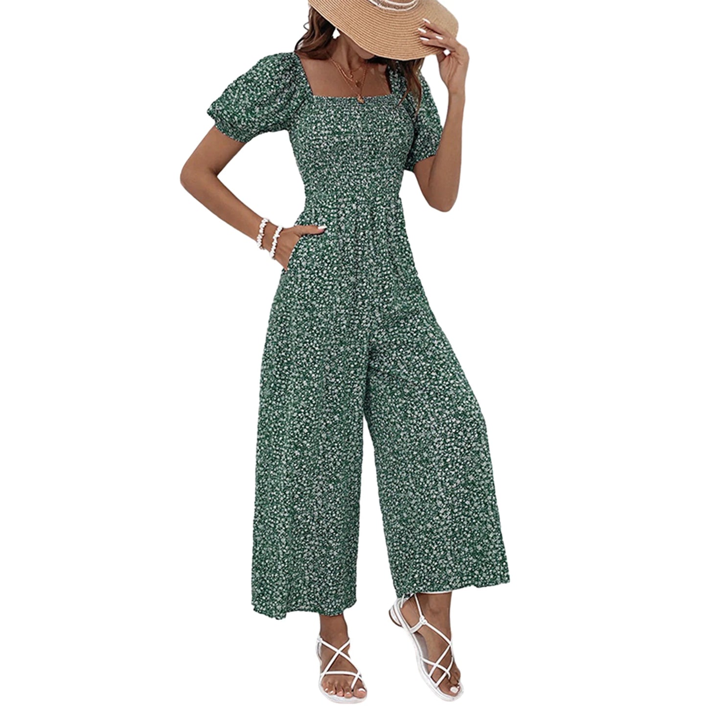 Elastic Waist Jumpsuit Stylish Women's Floral Print Wide-leg for Summer.  S-XL