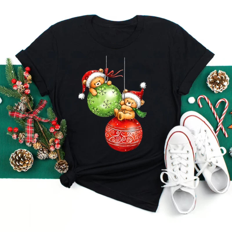 Women's Kawaii Christmas Top - Santa Claus & Deer O-Neck Y2K T-Shirt.  S-3X
