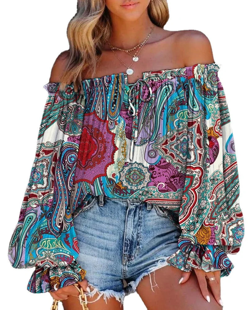 Trendy Print One Shoulder Women Off Shoulder Flared Long Sleeve Blouse.  S-2X