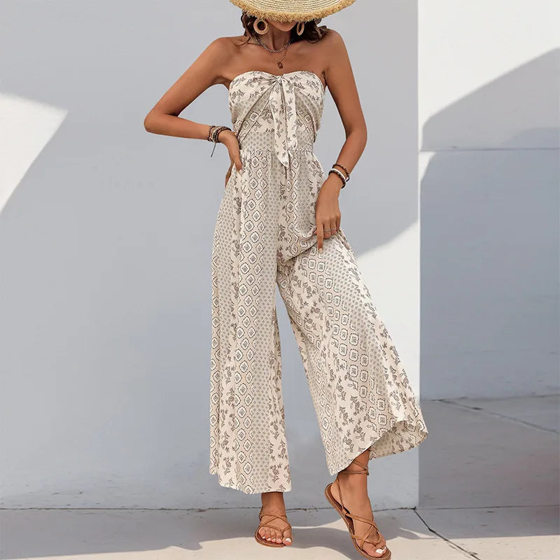 2025 New Summer Women's Jumpsuit Striped Flower Print Sleeveless Backless Elastic High Waist Loose Wide Leg Pants Jumpsuit