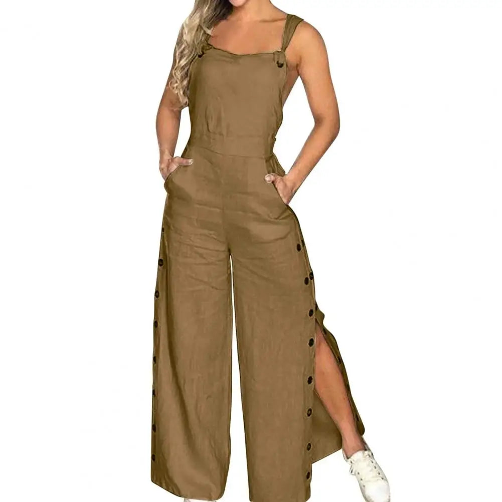 Women's Sleeveless Wide Leg Jumpsuit with Side Pockets And Button Closure Solid Colour Loose Fit Romper .  S-2x
