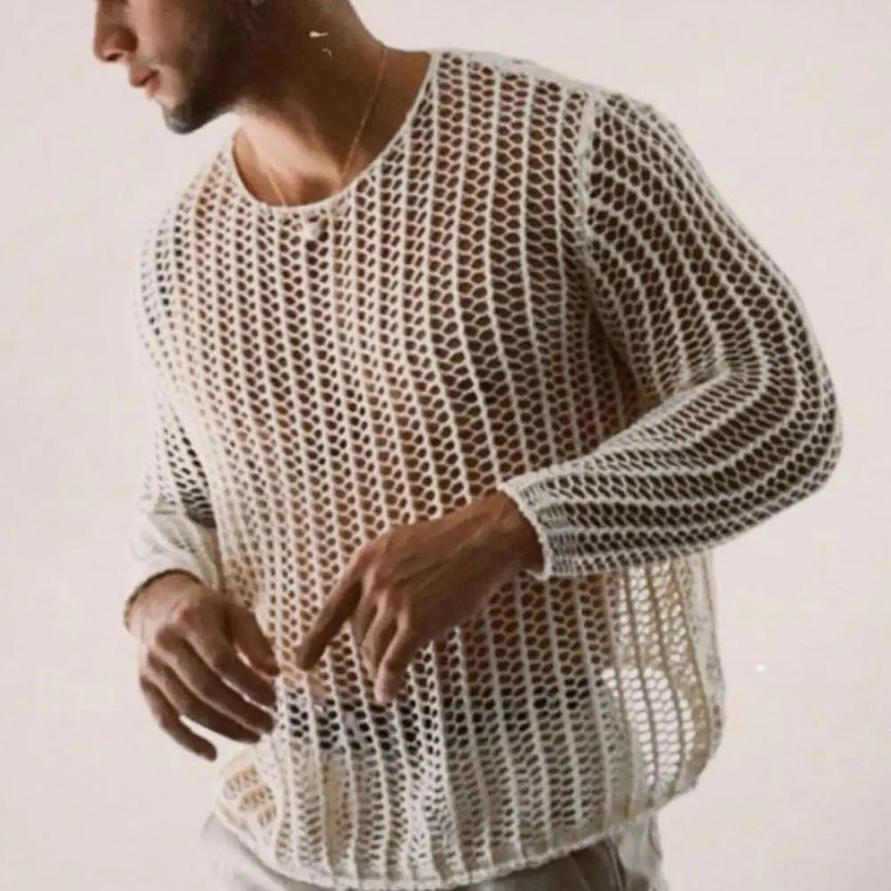 Men's Sexy Mesh Long Sleeve Round Neck Top