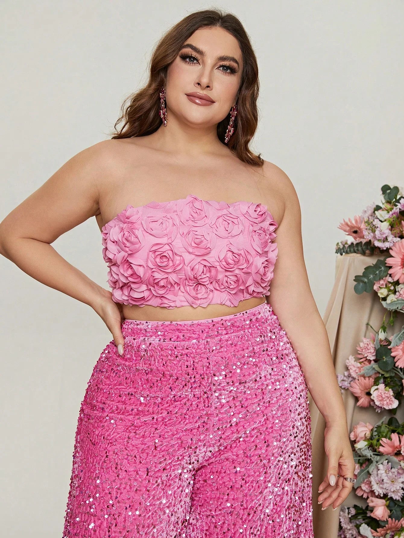 Plus Size Tube Top 3D Flower and Sequin Suit
