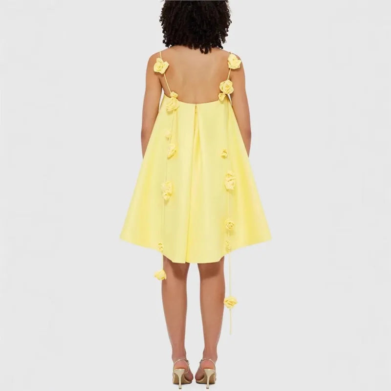 Floral Camisole Dress Sexy Fashion Yellow Backless 2025 Spring Summer Cocktail Gown.  S-XL