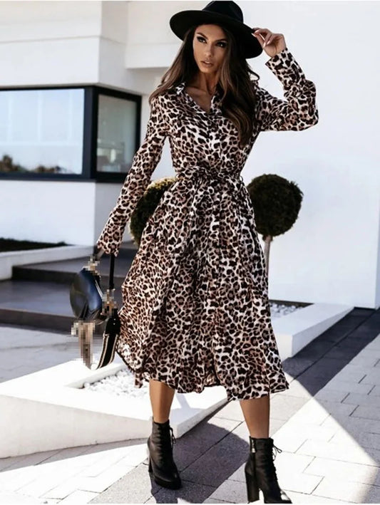 Women's Leopard Print V-Neck Dress - Lace-Up Waist Long Sleeve A-Line Dress. S-2x