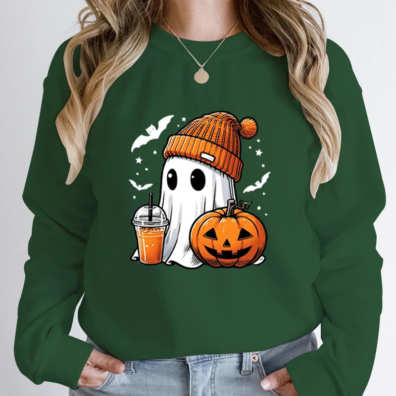 Unisex Fashion Halloween Ghost Pumpkin Bat Print Pullover Ladies Long Sleeve Halloween Sweatshirts.   S-2X