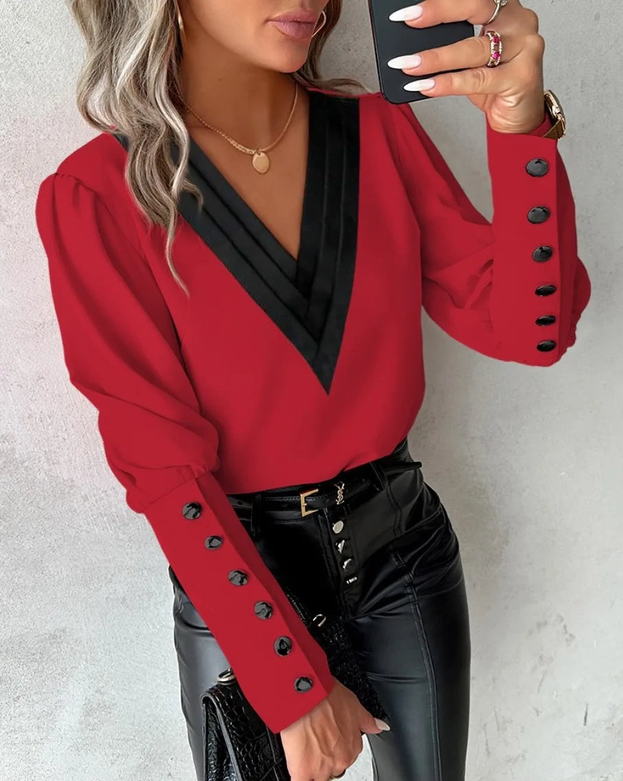 Elegant Women's 2025 New Fashion V-neck Contrasting Loose Long Sleeved Button Women's Shirt.  S-2X