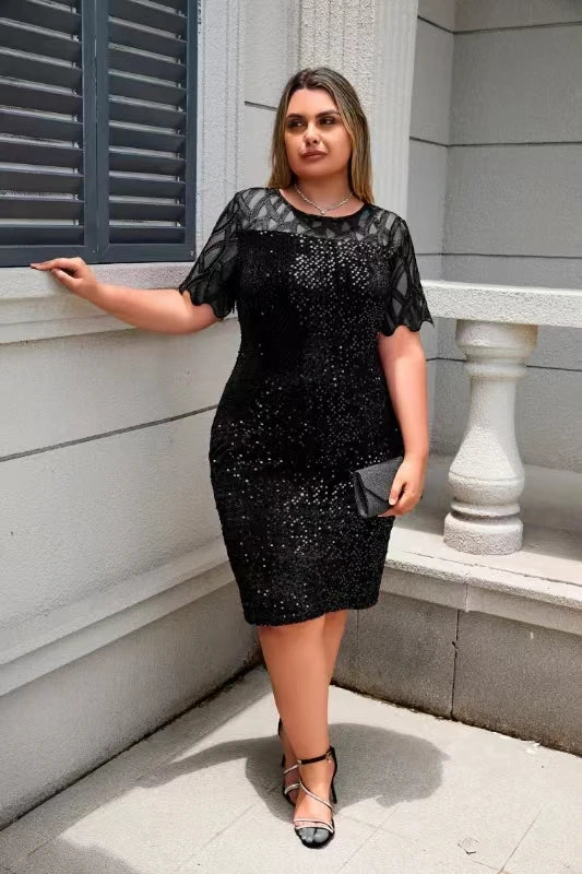 Party Dress Plus Size Ladies Midi Sequin Lace Elegant Bodycon Evening Dress