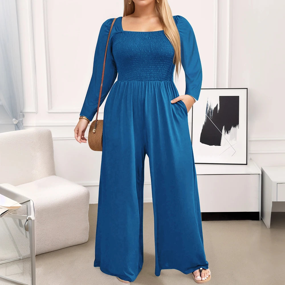 Plus Size Women Wide Leg Jumpsuit Autumn Winter One-piece Long Sleeve Jumpsuit Fashion.