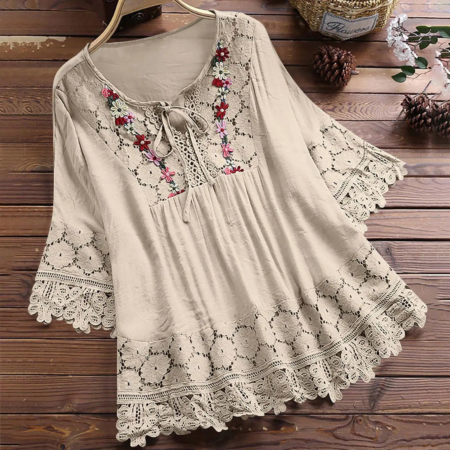 Ladies Solid Cotton And Linen Stitching Lace Flower V-neck Loose Fit Blouse.