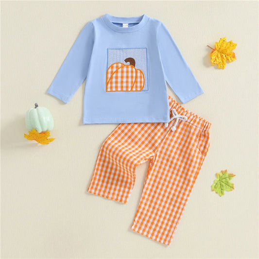 Toddler Unisex Baby Halloween Outfits Kids Long Sleeve Pumpkin Embroidery Sweatshirts and Long Pants 2Pcs Clothes Set