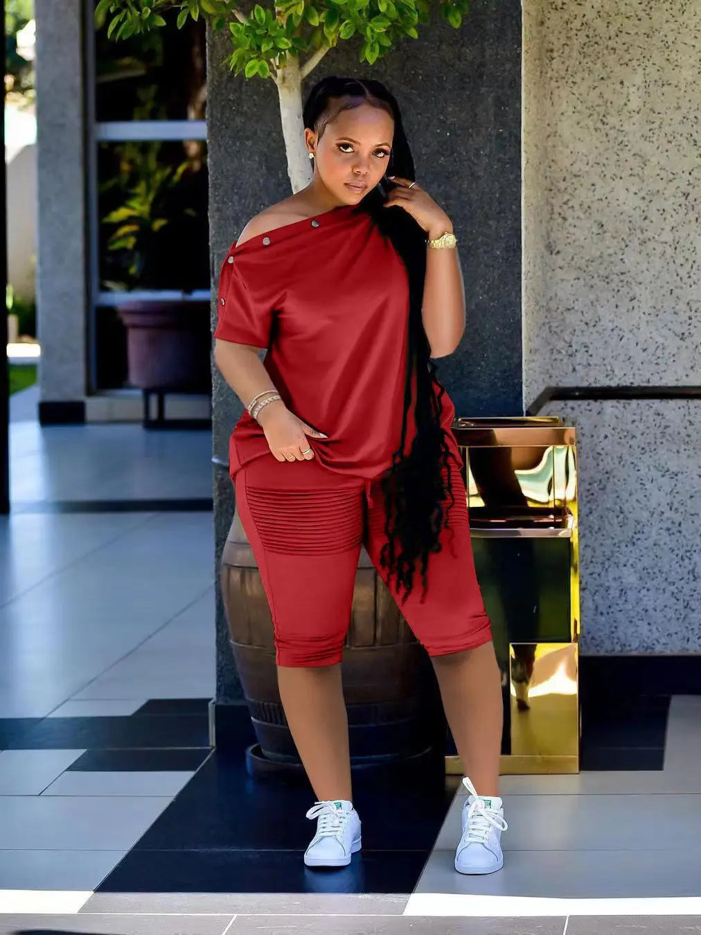 New Sporty Elegant Two 2 Piece Set for Women Button Neck Tee Top and Knee Length Pants Matching Set .  S-2X