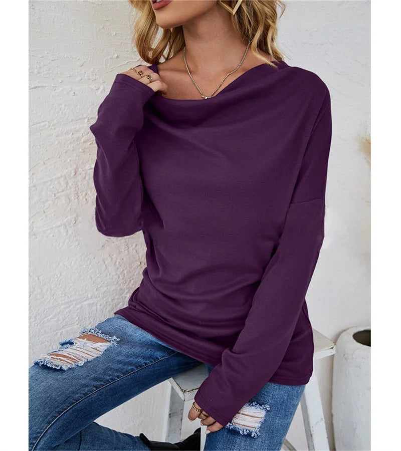 European women's long-sleeved fashion solid colour loose round-necked shirt.  S-2X
