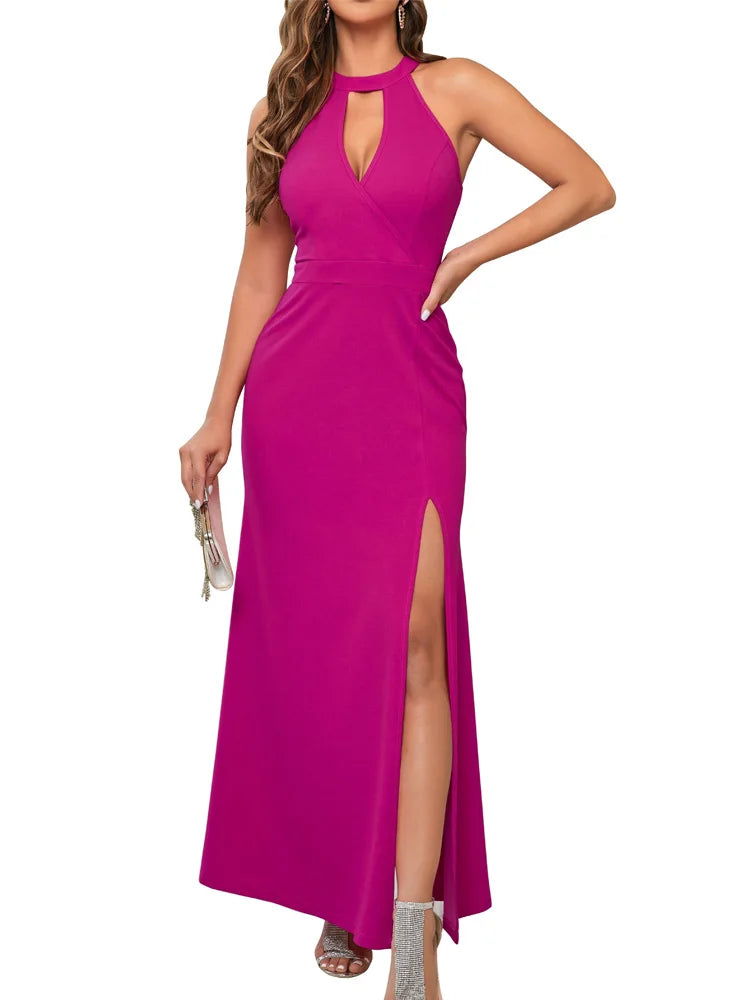 Women's Slit Sleeveless Hollow High Neck Elegant Evening Cocktail Long Dress.  S-2X