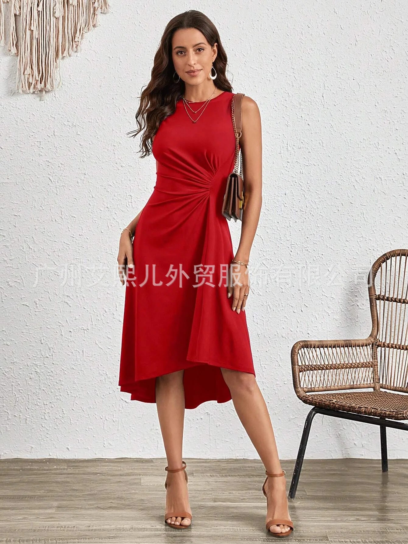 Women's Elegant Evening Dress Sexy Sleeveless Solid Colour O Neck Folds Waist Midi Dress Luxury Summer Party Cocktail Dress.   S-XL