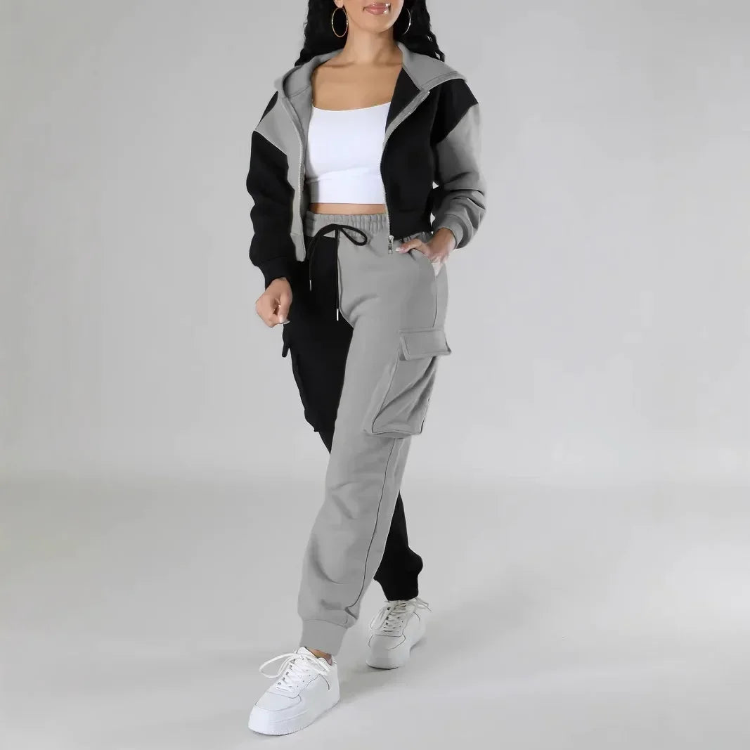 Women Loose Two Piece Matching Set Zip- Up Hoodie And Drawstring Cargo Pants Suit.  S-2x