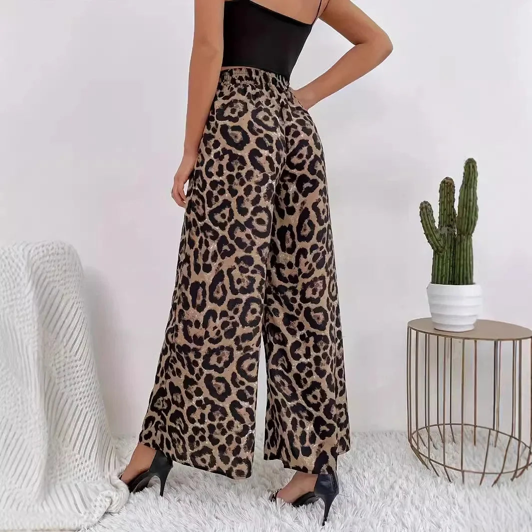 Fashionable Leopard Printed Elastic Waist Loose-Fit Casual Bell Bottoms.  S-2xL