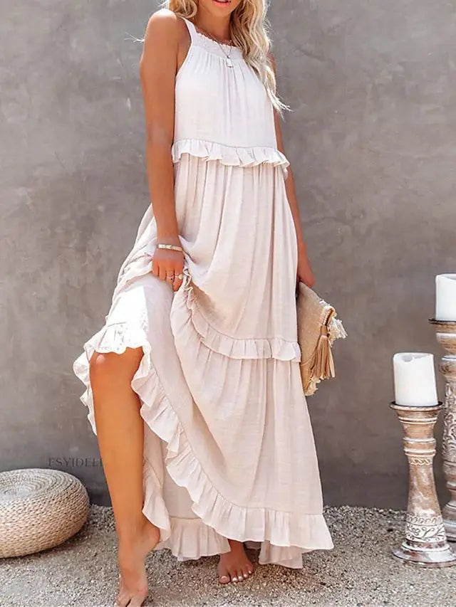 Women's Spring Summer New Collection Solid Colour Fashionable Ruffle Edge Long Dress.  S-xxL