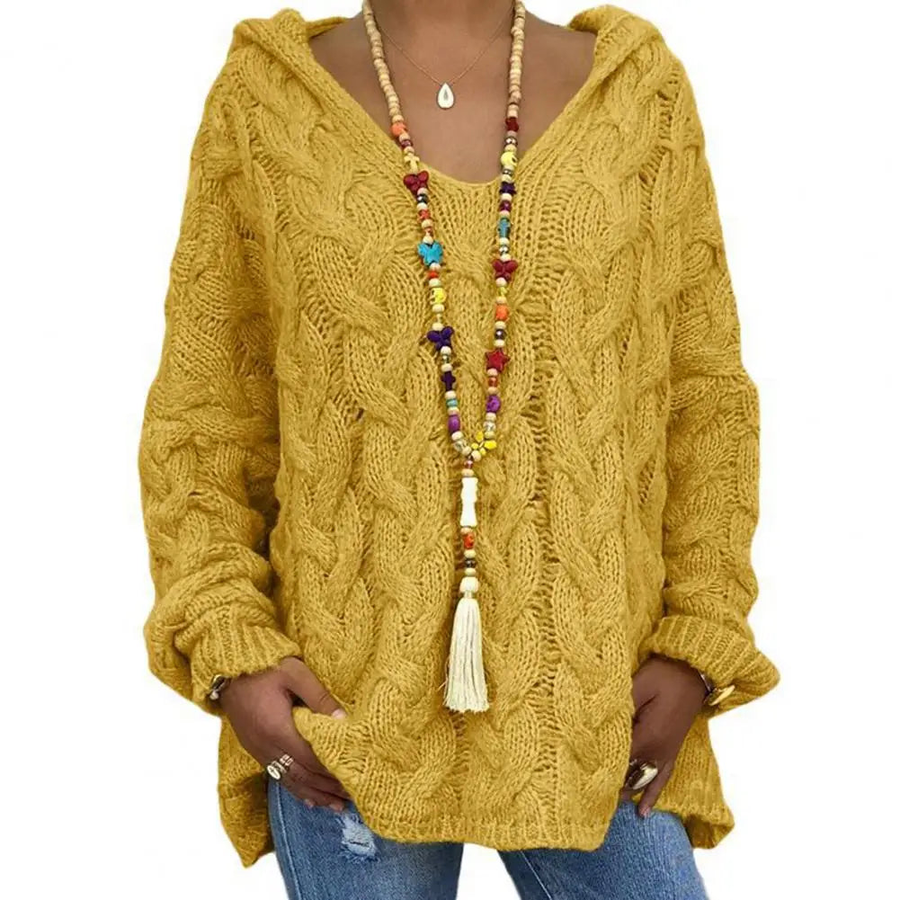 Hooded V-Neck Long Sleeves Twist Knitted Solid Colour Loose Sweater.  S-3x