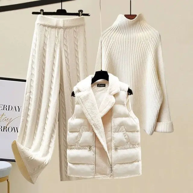 Ladies Warm Knitwear Set Elegant Turtleneck Sweater+Lamb Padded Vest+Twist Knitted Pants.