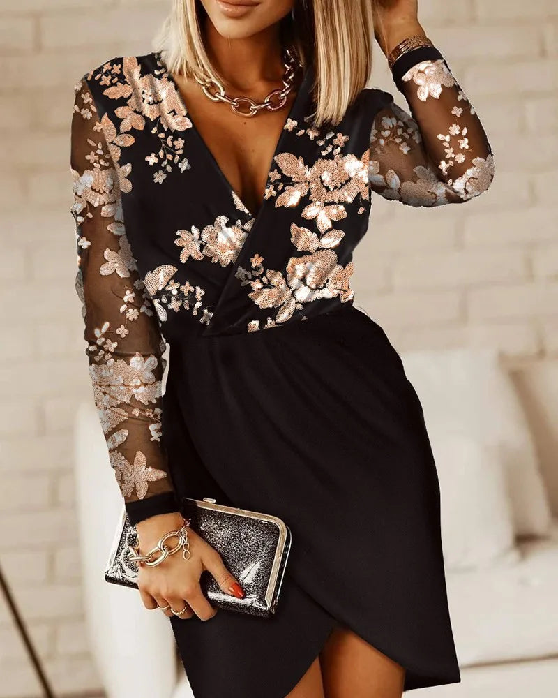 Women's Sexy Party Dress Deep V-neck Sequins Long Sleeve Elegant Dress.  S-3x