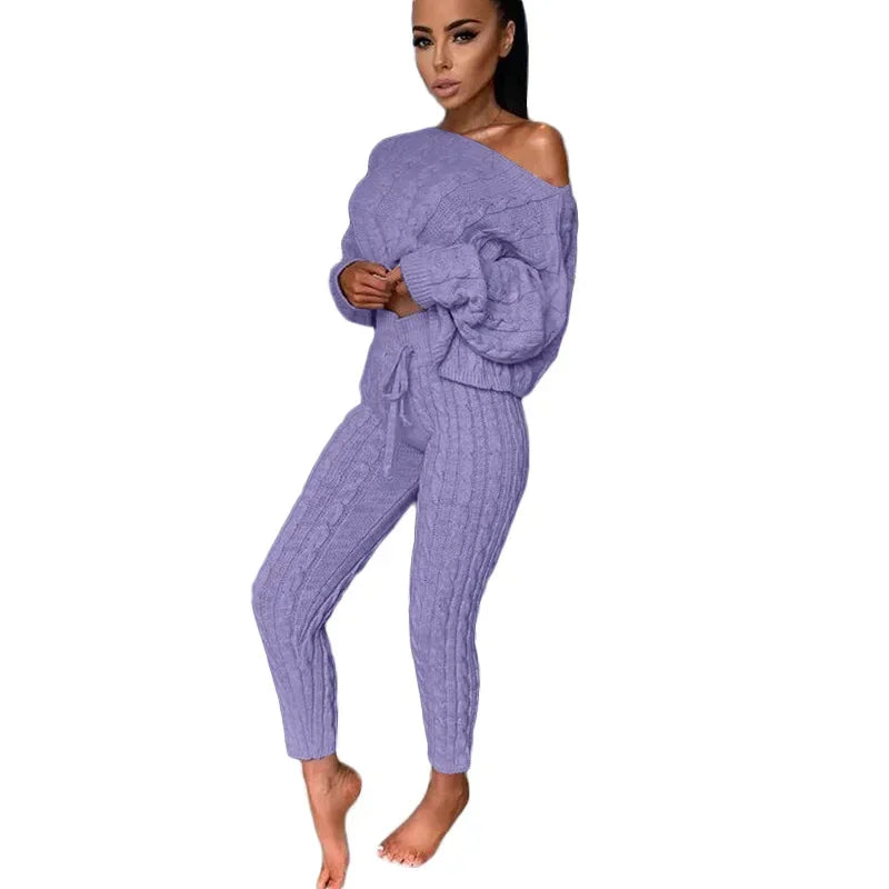 Ladies Comfy Two Piece Set Autumn and Winter Wear Pant Suit Solid Casual Knitted Sweater Set