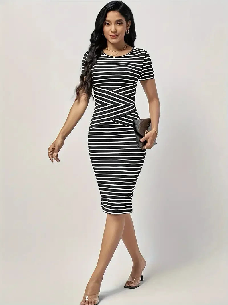 Summer European long striped women's fashion slim short sleeve dress.  S-XL