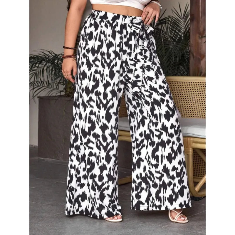 Plus Size 1XL-5XL Women's Casual Fashion New Printed Wide Leg Elastic Waist Pants.