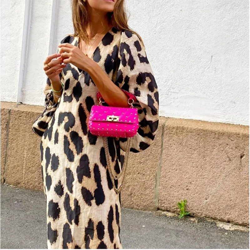 Leopard Printed Lantern Long Sleeved Women's Loose V-neck High Street Elegant Casual Dress.  S-2X