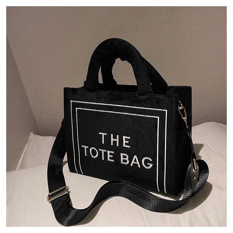 Women's Velour Tote Original Letter Print Square Stylish Soft Shoulder Bag