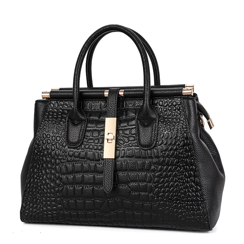 Genuine  leather women's handbag, large capacity crocodile patterned cowhide bag,