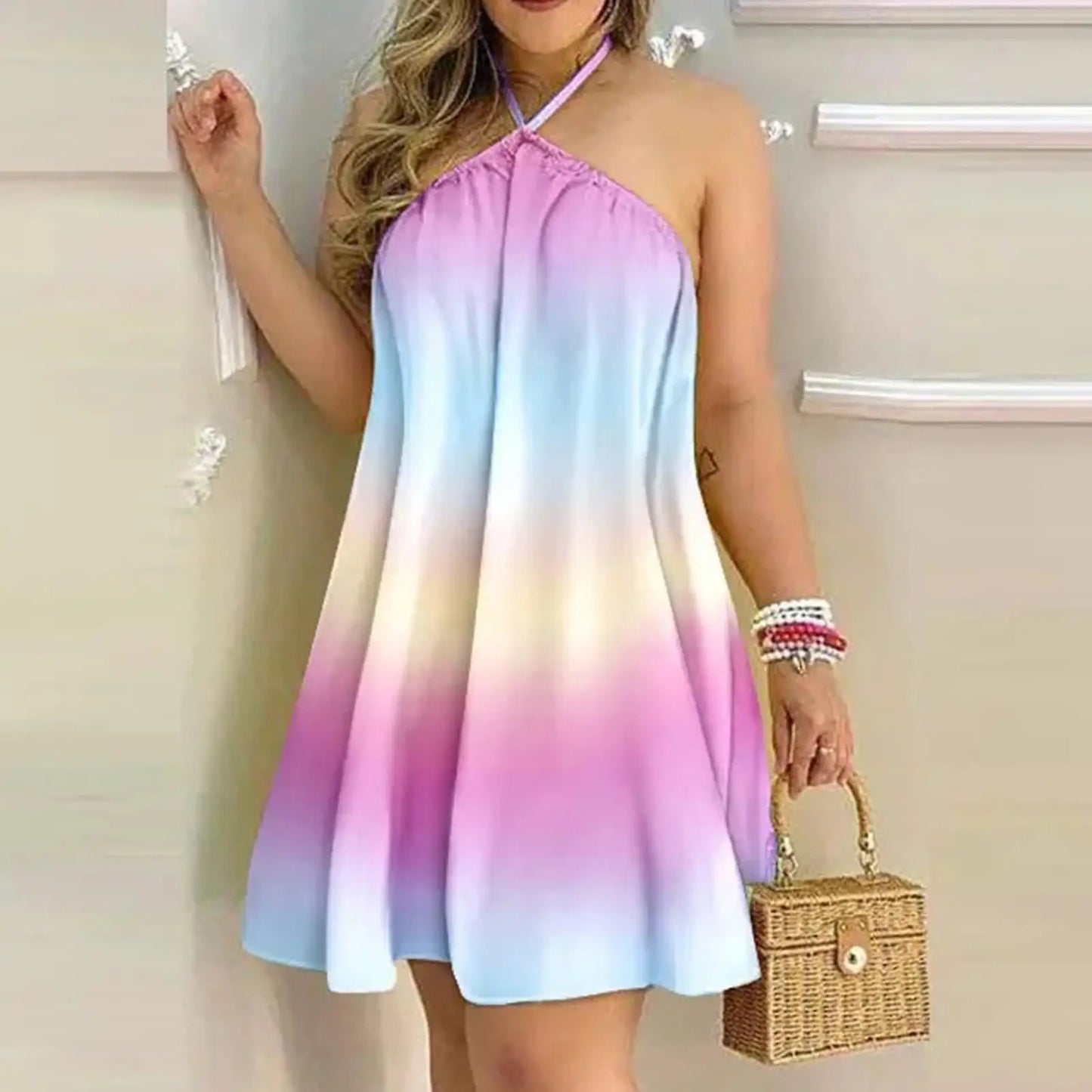Plus Size Dress For Woman Sexy Sleeveless Backless Short Dress Loose Halter Neck Dress