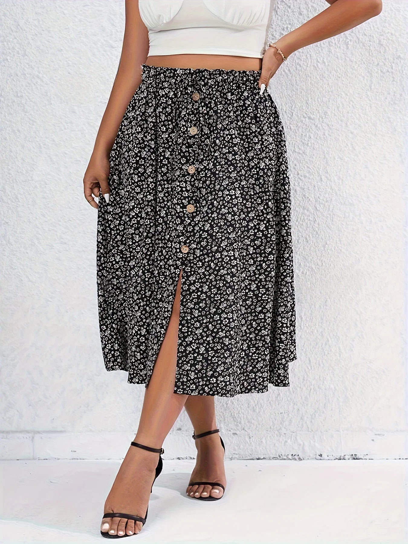 Plus Size Spring Summer Women Elegant Skirt Casual Fashion Floral Print Split Loose Long Skirt