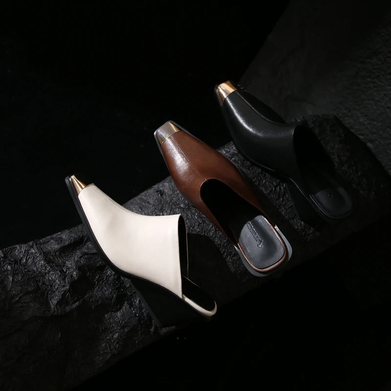 Women's New Summer Metal Headed Genuine Leather Cowhide Large Square Headed Retro Muller Slip on Shoe