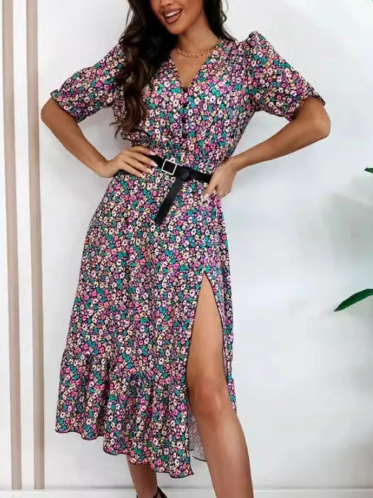 New Summer V Neck Short Sleeve Split Midi Dress Women Fashion Vintage Button Belt Elegant Floral Print Dress .  S-2X