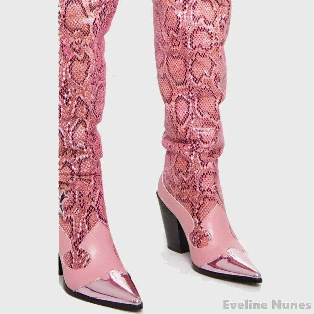 Sexy Pink Snake Print Over The Knee Boots Women Embroidered Pointed Toe Thick Heels Slip On Long Boots New Fashion Catwalk Boots