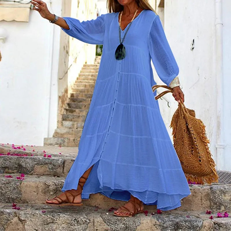 Women's Summer And Autumn Bohemian Solid Color V-Neck Loose Long Sleeve Cotton And Linen Dress