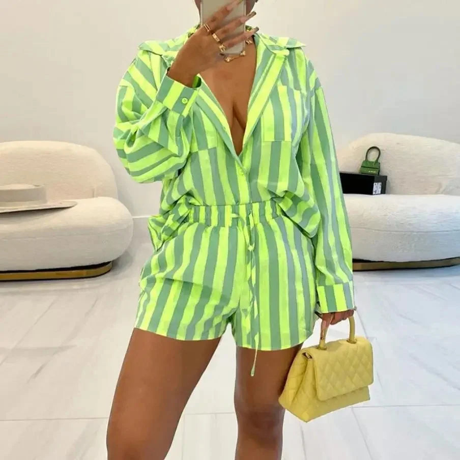 Fashionable Striped Two-Piece Loose-Fit Shorts And Shirt European Style.  S-4X