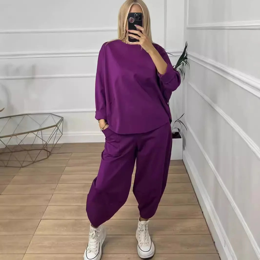 Solid Pullover Two Piece Set O Neck Top, Long Pants Tracksuit Retro Loose Sport Suit.  S-3X