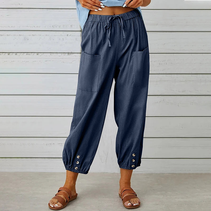 Cotton Linen Harem Pants Casual Elastic High Waist Loose Ankle Pants.  S-2x