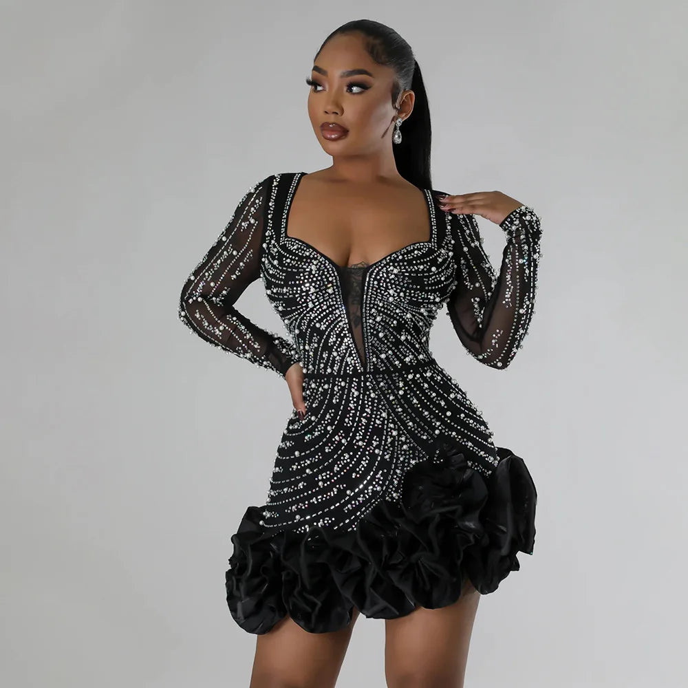 Long Sleeve V Neck Sexy Glittering Diamond Bodycon Mini Dress. S-2xL
