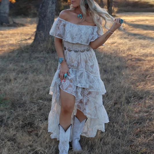 Women Sexy Neck Draped Party Dress Spring Embroidery Lace Ruffle Irregular Summer Off Shoulder Backless Long Dress